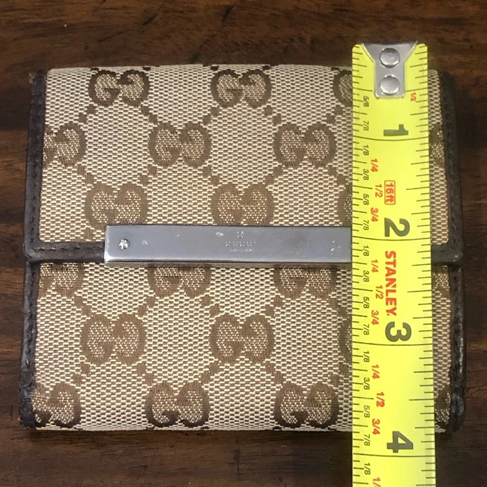GUCCI GG Web Monogram Brown Leather Tan Canvas Trifold Wallet